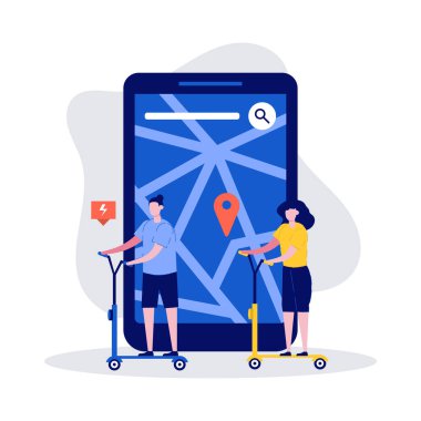 Karakterler, e-scooter veya elektrikli scooter ve büyük akıllı telefonlar ile çevre dostu ve ortak hareket edebilirlik aracı konsepti. Web pankartı, bilgi grafikleri ve kahraman resimleri için düz biçimli modern vektör illüstrasyonu.