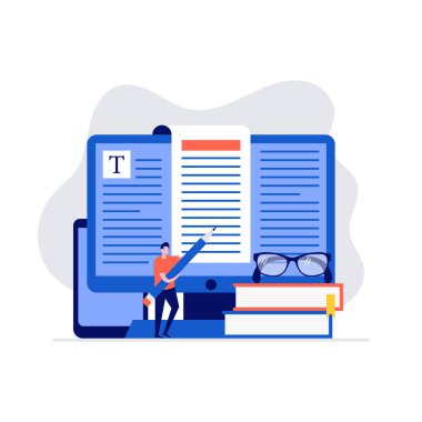 Metin yazmak için kalem kullanan karakterlerle metin yazma kavramı. İniş sayfası, mobil uygulama, poster, el ilanı, şablon, web pankartı, bilgi grafikleri, kahraman resimleri için modern vektör çizimi.