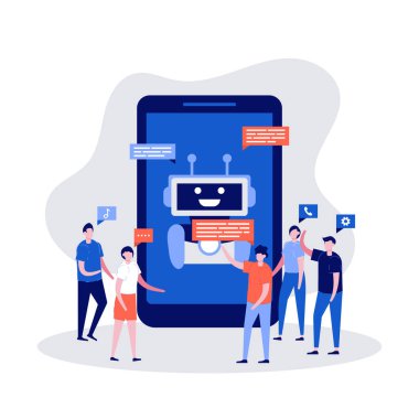 Karakterlerle sohbet robotu kavramı. İnsanlar sohbet robotu uygulaması ile sohbet ediyorlar. İniş sayfası, mobil uygulama, şablon, web pankartı, bilgi grafikleri, kahraman resimleri için düz stil illüstrasyonu.