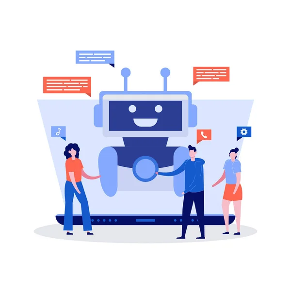 Koncept Chat Bot Znaky Lidé Povídají Chatbotovskou Aplikací Moderní Vektorová — Stockový vektor