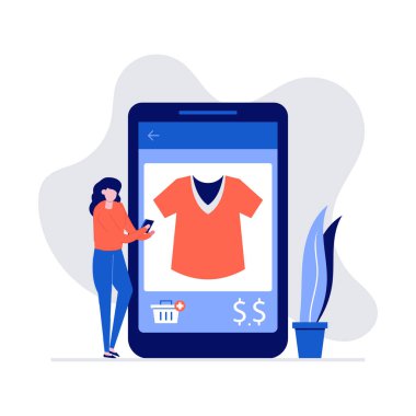Çevrimiçi alışveriş konsepti. Mobil uygulama kullanan bir kadın elbise alıyor. İniş sayfası, mobil uygulama, web pankartı, bilgi grafikleri, kahraman resimleri için modern vektör illüstrasyonu.
