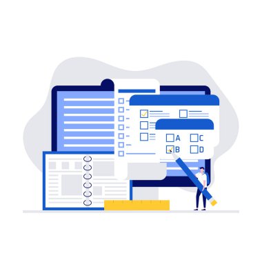 Çevrimiçi inceleme platformu vektör illüstrasyon kavramı büyük bilgisayar ve test alanı ile. İniş sayfası, mobil uygulama, web pankartı, bilgi grafikleri, kahraman resimleri için modern vektör illüstrasyonu.