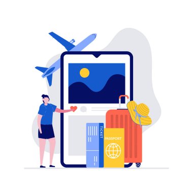 Seyahat ve yaz tatili vektör çizimi konsepti, bavullar ve akıllı telefonlar. İniş sayfası, mobil uygulama, web pankartı, kahraman resimleri için modern vektör illüstrasyonu.