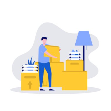 Ev taşıma ve taşınma hizmetleri vektör illüstrasyon kavramı karakter ve karton kutular yığını ile. İniş sayfası, mobil uygulama, web pankartı, kahraman resimleri için modern vektör illüstrasyonu.