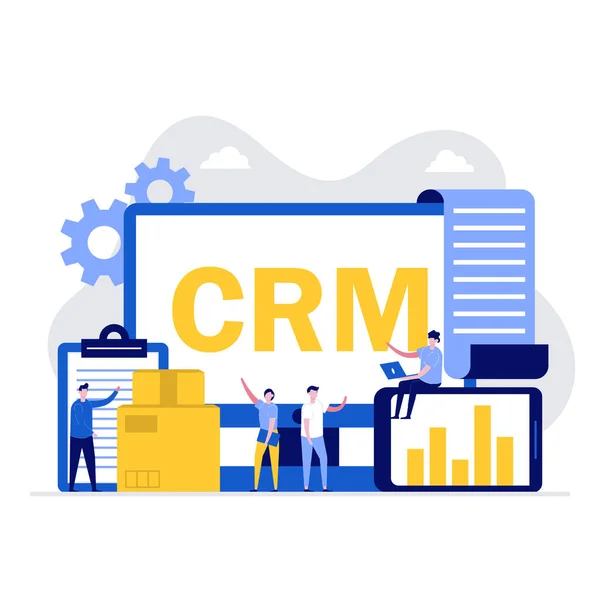 Karakterli CRM yazılım vektör illüstrasyonu. Müşteri ilişkileri yönetimi. İniş sayfası için modern düz stil, mobil uygulama, poster, el ilanı, web afişi, bilgi grafikleri, kahraman resimleri.