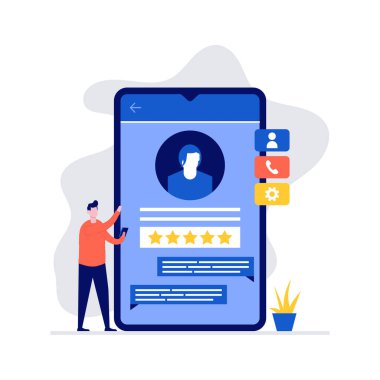 Müşteri hizmetleri geribildirim konsepti. Karakter akıllı telefonun yanında duruyor. İniş sayfası, mobil uygulama, şablon, web pankartı, bilgi grafikleri, kahraman resimleri için düz stil illüstrasyonu.