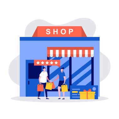 Alışveriş konsepti, alışveriş torbaları tutan ve bir mağazanın önünde duran genç bir çift. İniş sayfası, mobil uygulama, web pankartı, bilgi grafikleri, kahraman resimleri için modern vektör illüstrasyonu.