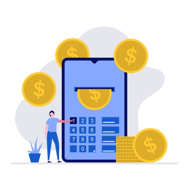 Karakterli modern online ödeme kavramı. Akıllı telefonu para transferi için kullanan bir adam. İniş sayfası, mobil uygulama, web pankartı, bilgi grafikleri, kahraman resimleri için modern vektör illüstrasyonu.