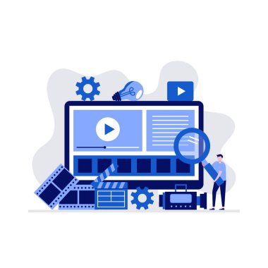 Karakterli ve büyük bilgisayar ekranlı video üretim konsepti. İniş sayfası, mobil uygulama, web pankartı, bilgi grafikleri, şablon, poster, broşür, kahraman resimleri için modern vektör çizimi.