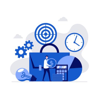 İş portföyü, finansal istatistik, karakter analizi ve yönetim kavramı. İniş sayfası, mobil uygulama, web pankartı, bilgi grafikleri, kahraman resimleri için modern vektör illüstrasyonu.