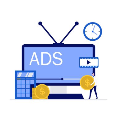 Televizyon pazarlama, karakter ile reklam konsepti. Yeni reklam teknolojileri, seyirci segmentasyonu. İniş sayfası, mobil uygulama, kahraman resimleri için düz biçim modern vektör illüstrasyonu.