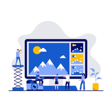 Karakterlerle fotoğraf yazılımı ve uygulama düzenleme kavramı. İnternet üzerinden fotoğraf düzenleme servisi. İniş sayfası, mobil uygulama, web pankartı, kahraman resimleri için modern vektör illüstrasyonu.