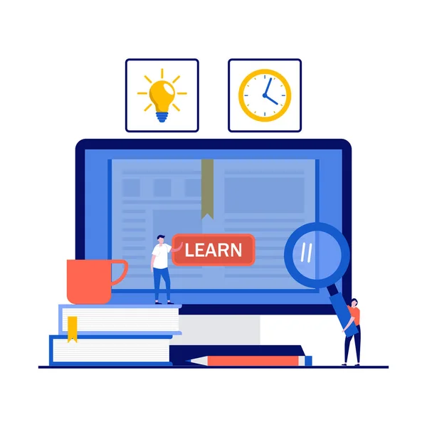 オンライン教育 距離コース 文字と電子学習とデジタルクラウドライブラリの概念 ランディングページ モバイルアプリ ウェブバナー ヒーロー画像のためのフラットスタイルの現代的なベクトルイラスト — ストックベクタ