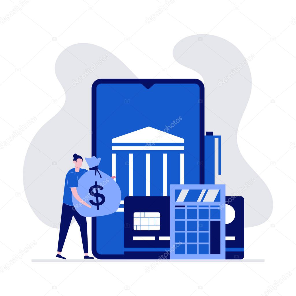 Mobile payment and financial transaction concept with characters standing near smartphone and credit card. Modern vector illustration in flat style for landing page, mobile app, hero images.