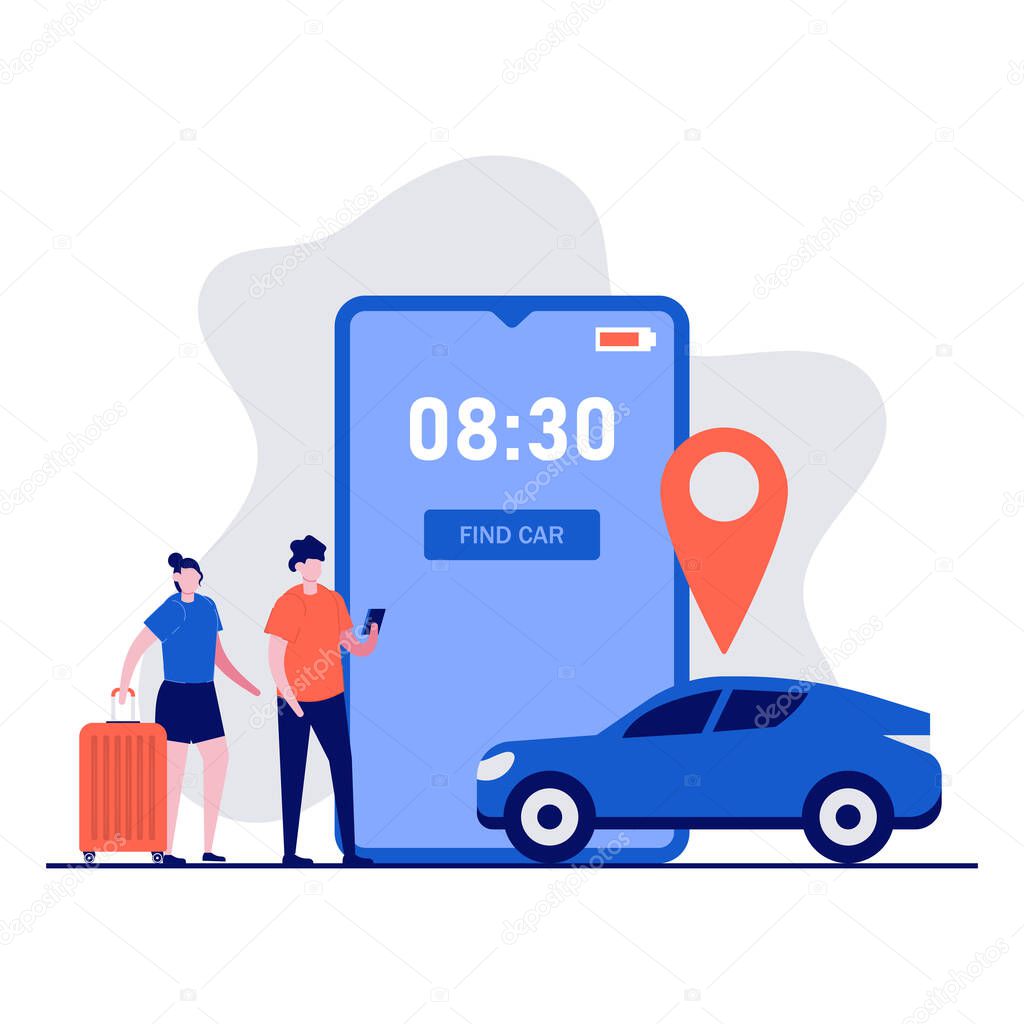Car sharing service app concept with characters. People ordering online taxi car, rent and sharing location with mobile application. Modern vector illustration in flat style for hero images.