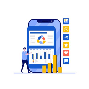 Karakterli sosyal medya hizmetleri kavramı. İnsanlar akıllı telefon ve sosyal ağ iletişim teknolojisi sembollerinin yanında duruyor. İniş sayfası için modern düz stil, mobil uygulama, kahraman resimleri.