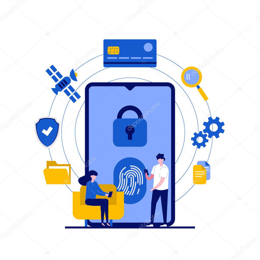 Data protection concept with character. Fingerprint security, biometrics for secure authentication and transactions. Modern flat style for landing page, mobile app, web banner, hero images.