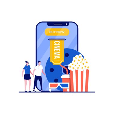 Sinema biletlerini internetten karakterli ayırtmak. Çift patlamış mısırın, 3D bardakların, gazozların, biletlerin yanında durur, akıllı telefon ekranına 