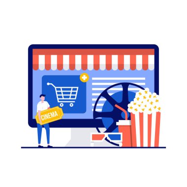 Sinema ve sinema çevrimiçi karakter konsepti. İnsanlar elinde patlamış mısır, 3D gözlükler, biletler ve film makarasıyla bilgisayarın yanında duruyor. İniş sayfası için modern düz stil, mobil uygulama, kahraman resimleri.