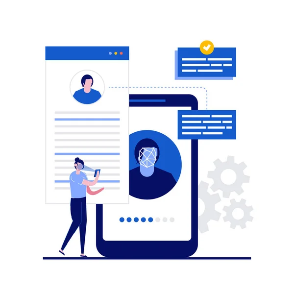 Koncept För Ansiktsigenkänning Med Karaktär Människor Står Nära Smartphone Med — Stock vektor
