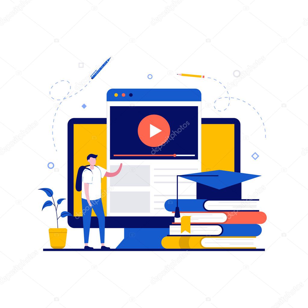 Distance tutorial, online education concepts with student character. Student studying online course for university. Modern flat style for landing page, mobile app, infographics, hero images.