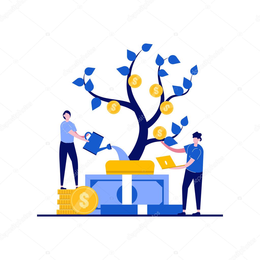 Idea of income, person on profit concepts with character. People watering a plant of money. Financial growth, bank deposit income, wealth. Modern flat style for landing page, mobile app, hero images.