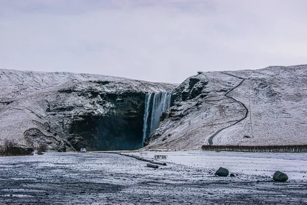 Photo Paysage Enneigé Avec Une Cascade Islande Pendant Hiver — Photo