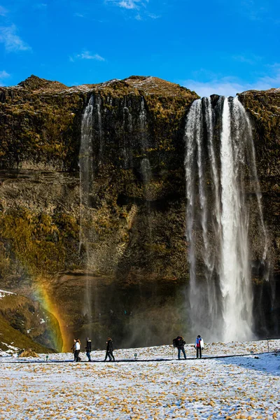 Foto Ett Imponerande Vattenfall Med Regnbåge Island — Stockfoto