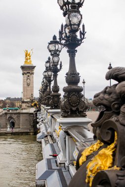 Alexander Köprüsü 'nün bulutlu bir günde Paris' te çekilmiş fotoğrafı.