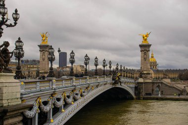 Alexander Köprüsü 'nün bulutlu bir günde Paris' te çekilmiş fotoğrafı.
