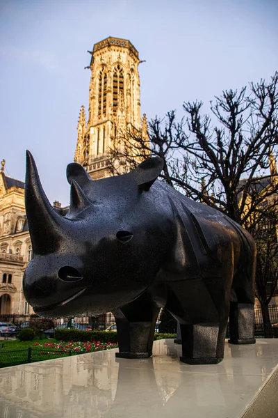 Foto Van Een Neushoorn Standbeeld Naast Universiteit Van Parijs — Stockfoto