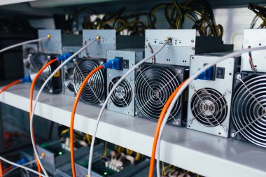 ASIC madencileri bir rafta duruyor ve elektriğe bağlılar.