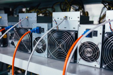 ASIC madencileri bir rafta duruyor ve elektriğe bağlılar.