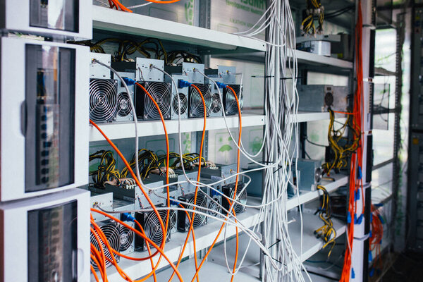ASIC miners stand on a shelf and connected to electricity and th