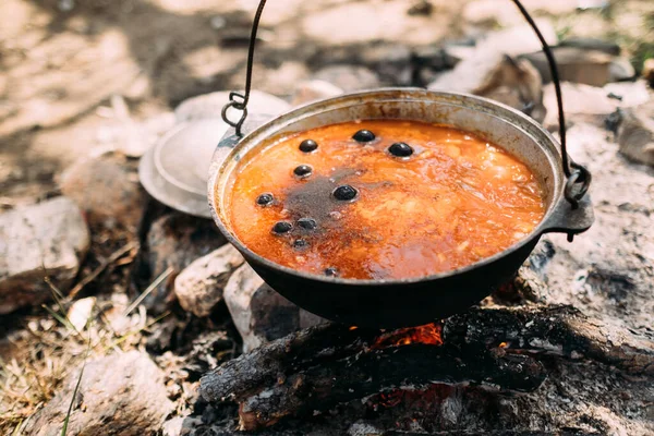 Cooking Outdoors Solyanka Meat Hodgepodge Soup Large Pot — Stock Photo, Image