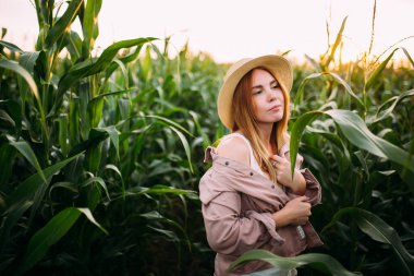 Mısır tarlasında hasır şapkalı bir kız.