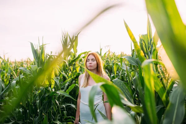 sad red-haired girl in a cornfield