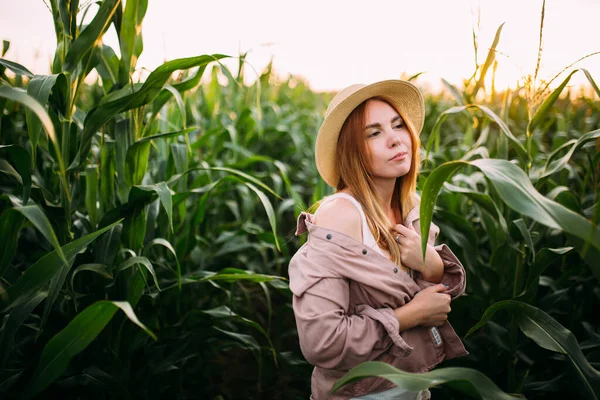 Mısır tarlasında hasır şapkalı bir kız.