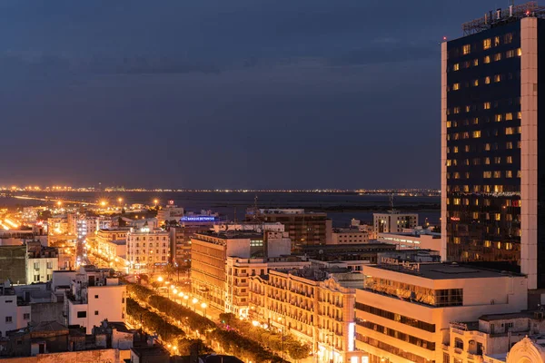 Widok Lotu Ptaka Nocą Tunis Jest Stolicą Największym Miastem Tunezji — Zdjęcie stockowe