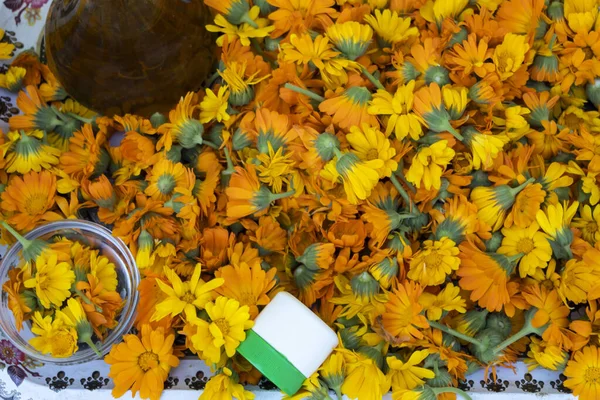 Gibt Viele Ringelblumen Auf Dem Tablett Gibt Eine Schüssel Gibt — Stockfoto