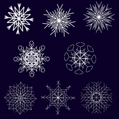 Vektör grafikleri. Mavi arkaplanda sekiz farklı kar tanesi.