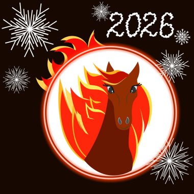 Vektör grafikleri. Alevli bir ringde ateşli yeleli bir at. 2026 - Atın yılı.