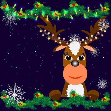 Vektör grafikleri. Mavi arka planda yeni yıl çelenkleri, kar taneleri ve yeni yıl geyikleri var..