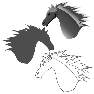 Vektör grafikleri. Beyaz arkaplanda siyah beyaz tonlarda üç at silueti.