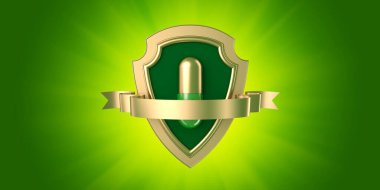 Yeşil arka planda altın kapsül hapı olan sembolik bir altın ve yeşil kalkan. Antivirüs tedavisi, enfeksiyon terapisi, sağlık koruması. 3d hazırlayıcı.