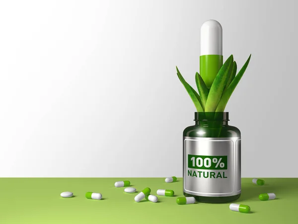 葉に白緑色の大きなカプセルと 100 というラベルの瓶 漢方薬 ビタミン 3Dレンディング — ストック写真