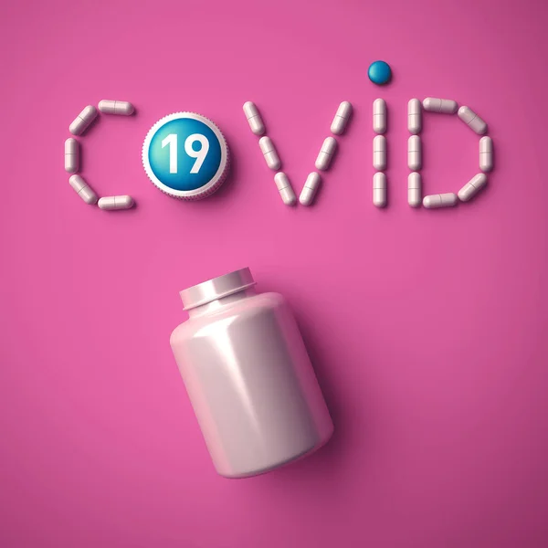 Covid Word Made White Capsules Pink Background Pills Tablets Virus — Stock Photo, Image