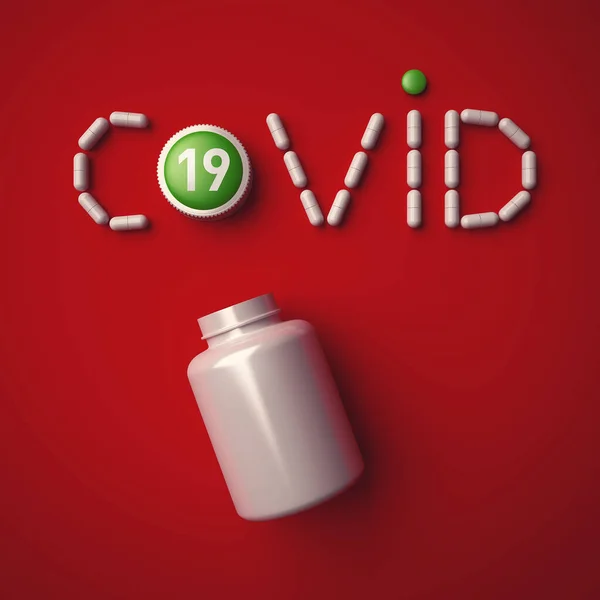 Covid Word Lettering Covid Concept Text Made White Tablets Red — Stock Photo, Image