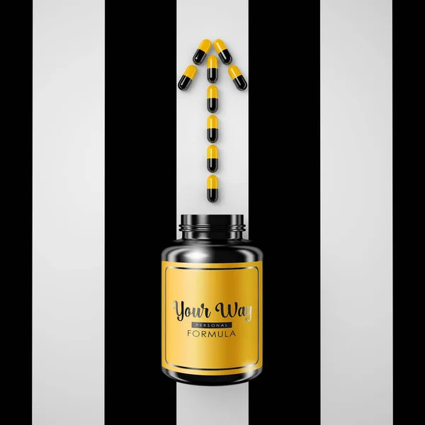 YOUR WAY personal formula capsules. Creative yellow, black and white concept with contrasting stripe design. Pills, tablets, supplements and vitamins. Medicine, health, and motivation. 3D render.