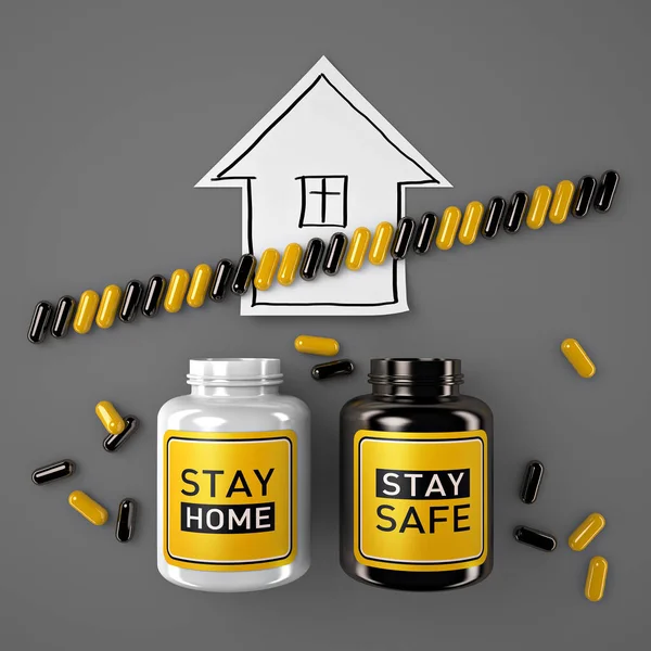 STAY HOME, STAY SAFE concept. House symbol on a grey background crossed out by a symbolic warning tape made of black and yellow capsules. COVID-19 Coronavirus quarantine and self isolation. 3D render.